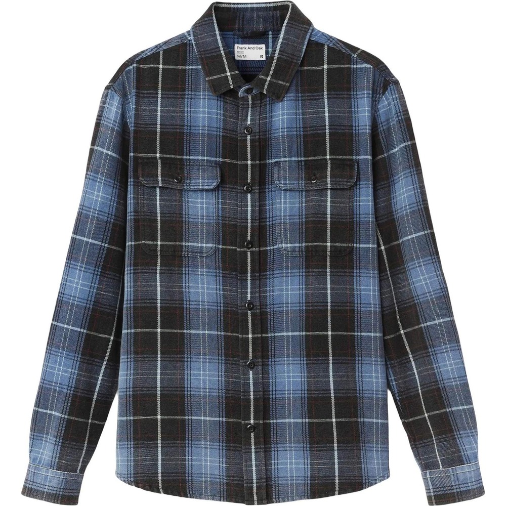 Frank And Oak Mens Distressed Flannel Plaid Button Down Shirt Blue Gray XXL NEW